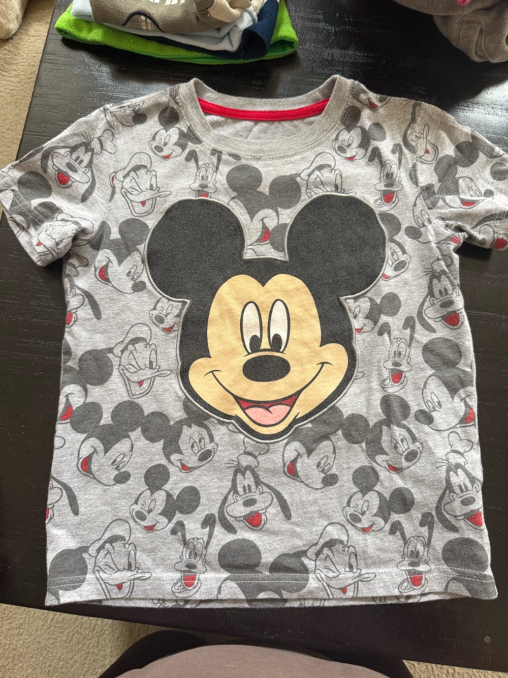 Disney Gray Mickey Mouse Graphic Tee with Yellow Face and Red Accents